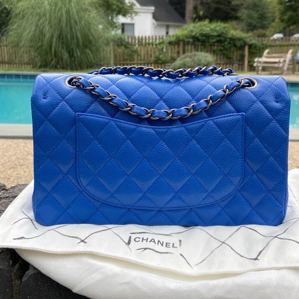 Authentic CHANEL Caviar Quilted Medium Double Flap in a stunning, vibrant blue - Picture 8 of 15